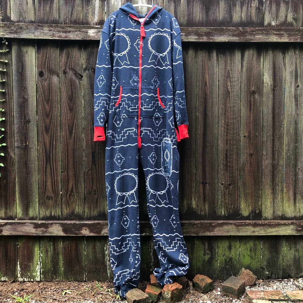 Official PBR Adult Onesie Fleece Hooded Jumpsuit Pabst Blue Ribbon Size XL